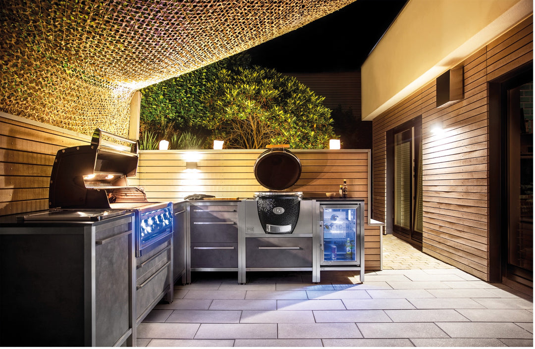 Burnout Grey L shaped Napoleon grill, side burner and Monolith kamado