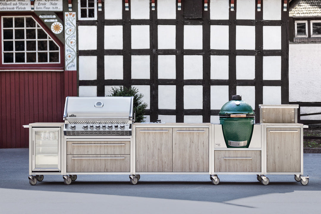 Burnout oak outdoor kitchen on rollers